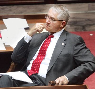 SENATORS IN SESSION: Sen. Harry Coates at his desk in the Senate chamber at the Capitol Wednesday afternoon, Feb. 23, 2011. Photo by Jim Beckel, The Oklahoman ORG XMIT: KOD